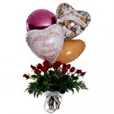 1 Dozen Red Roses With 4 Mylar Balloons